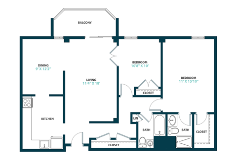 Floor plan for 2 beds, 2 baths, 1000 sqft